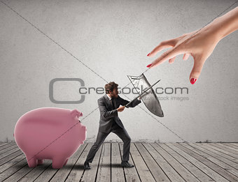Business man protects financial capital from the tax office fighting with sword and shield. 3D Rendering