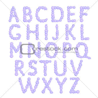 Alphabet, bubbles letters, purple foam font, vector