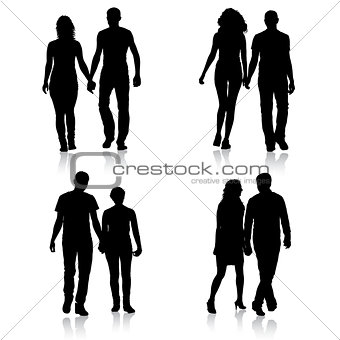 Set couples man and woman silhouettes on a white background