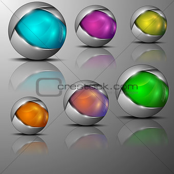 illustration of different colored sphere shaped emblems
