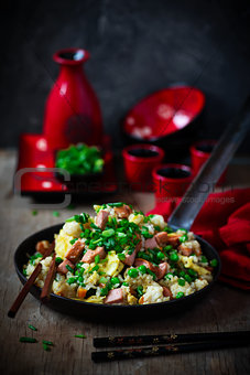 hot dog fried rice recipe in the skillet