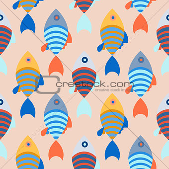 Seamless pattern with school of fish bright background.