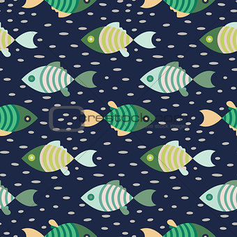 Seamless fish marine pattern dark blue and green repeat background.