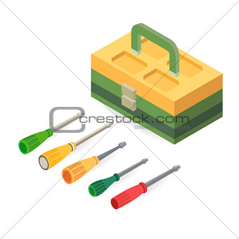 Toolbox and screwdrivers. Isometric construction tools.