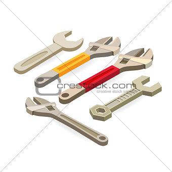 Wrench, spanner. Isometric construction tools isolated on white.