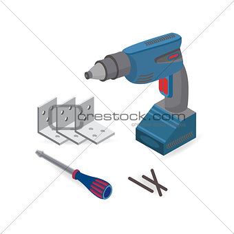 Drill, screwdriver. Isometric construction tools.