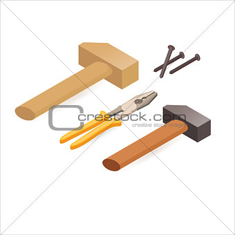 Pliers, hammer, screwdrivers. Isometric construction tools.