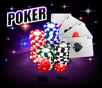 Casino Gambling Poker background design. Poker banner with chips, playing cards and dice. Online Casino Banner on shiny background. Vector illustration.