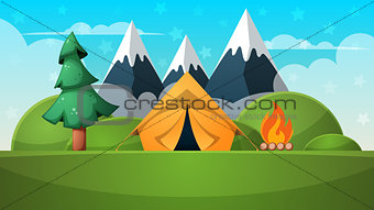 Cartoon summer landscape. Tent, fire, mountain illustration.