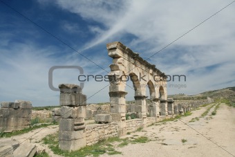 Perspective of ancient roman column in Volubilis, Morocco, Africa