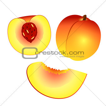 Yellow orange peach and half peach and slice isolated on white b