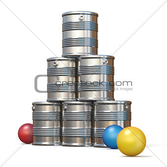 Tin cans and three balls 3D rendering illustration on white back