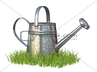 Watering can on grass 3D rendering illustration on white backgro