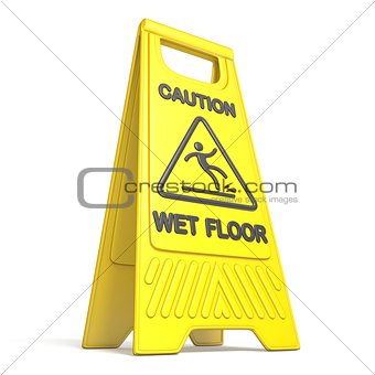 Yellow caution slippery wet floor sign 3D