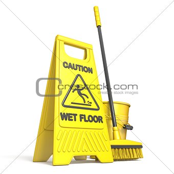 Yellow wet floor sign, bucket and mop 3D