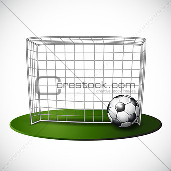 Ball on soccer goalpost with net background.