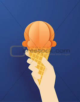 Hands holding ice cream cone on a blue summer background. Paper 