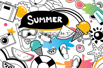 Summer doodles symbol and objects icon elements for beach party 