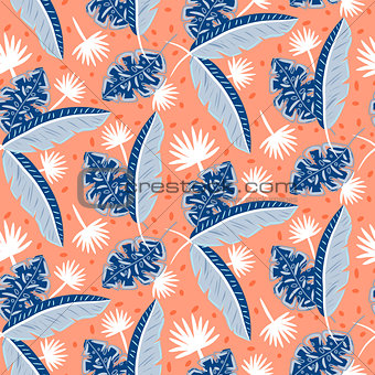 Blue and red tropic island leaves pattern for summer seamless prints.