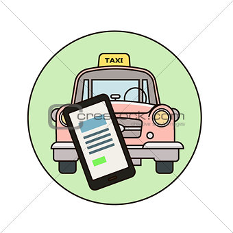 Taxi concept. Man call a taxi by smartphone. Vector illustration.