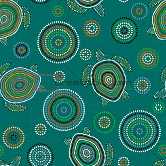 Australian Aboriginal Art. Sea turtles. Seamless pattern. Background green