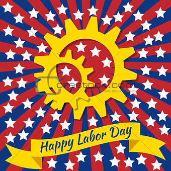 Labor Day in the United States. 3 September. Gears, tape with text - event name. Red and blue rays from the center, white stars.