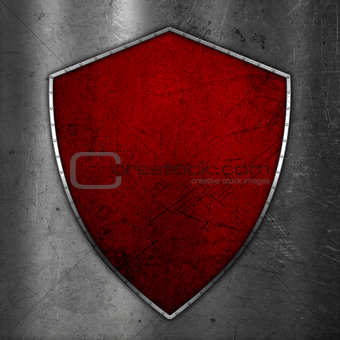 3D grunge shield on scratched metal background