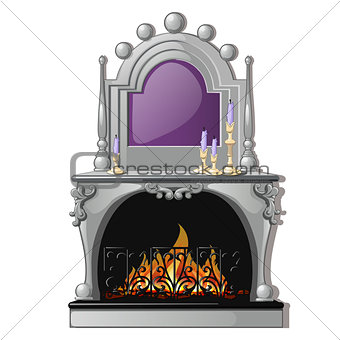 Vintage fireplace and a purple candle in a candlestick isolated on a white background. Vector cartoon close-up illustration.