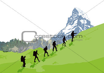 Climber in front of mountain scenery, illustration