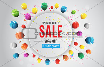 Abstract Designs Sale Banner with Balloons. Vector Illustration