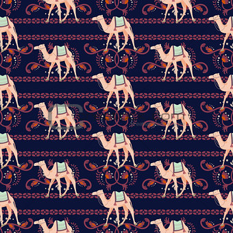 Vector seamless pattern with camels and oriental decorative motifs.
