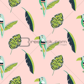 Toucan bird and leaves pattern seamless vector.