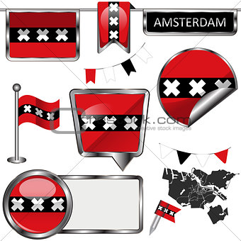 Glossy icons with flag of Amsterdam, Netherlands