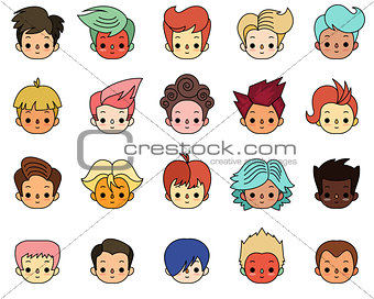 Cartoon characters. Boys with different hair style.