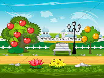 Game background. Park, street, tree, lantern, bench.