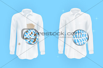 white shirt with dirty brown spots and clean on blue background