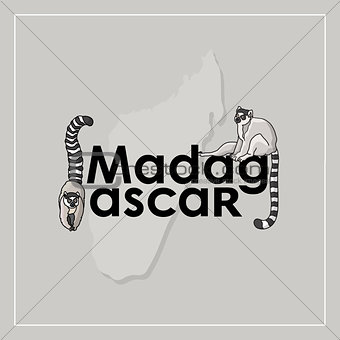Two lemurs and word Madagascar. Vector.