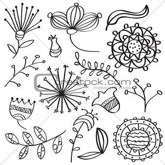 Doodle outline flowers and leafs collection for coloring