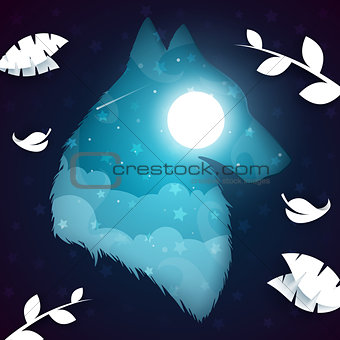 Paper wolf, dog illustration. Nightlandscape.