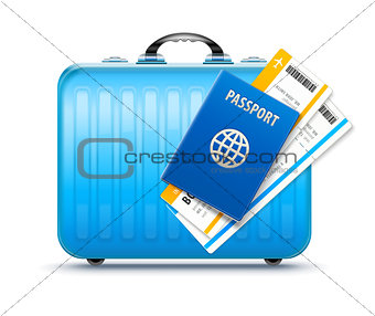 Suitcase for travel with passport and boarding