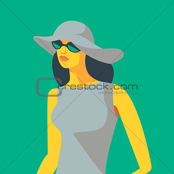 Woman in dress, white hat and sunglasses. Vector illustration