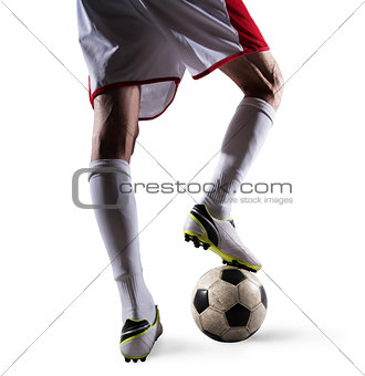 Soccer player with soccerball ready to play. Isolated on white background