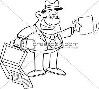 Cartoon Businessman Holding an Open Briefcase and a Paper
