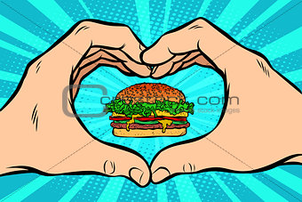 Burger, hand gesture heart