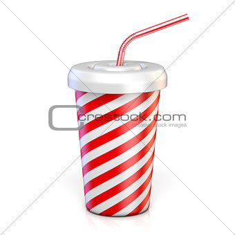 Red striped paper glass with drinking straw 3D