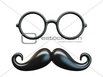 Black mustache and circular glasses 3D rendering