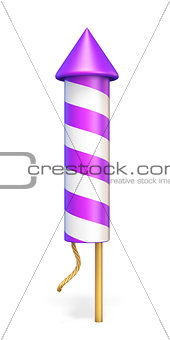 Purple stripped firework rocket 3D rendering illustration on whi