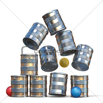 Falling tin cans and three balls 3D