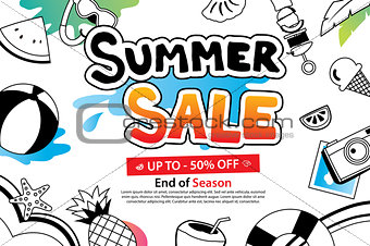 Summer sale with doodle icon and design on white background. Adv
