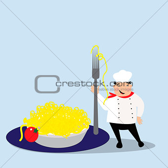 Happy cook with hat in uniform. Chef with pasta on plate.